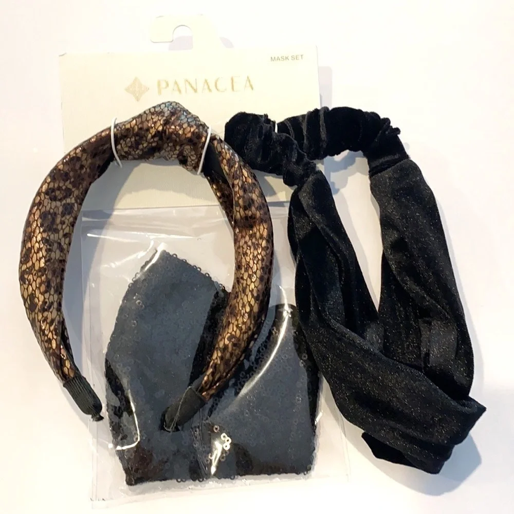 Panacea 3 piece set black sequin mask, knotted headband, velour headband NWT